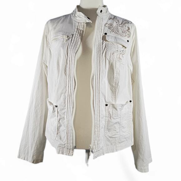 Lane Bryant Embellished Lightweight Zip-Up Jacket Roll-Tab Sleeve Sz. 18 Ivory - Picture 3 of 12